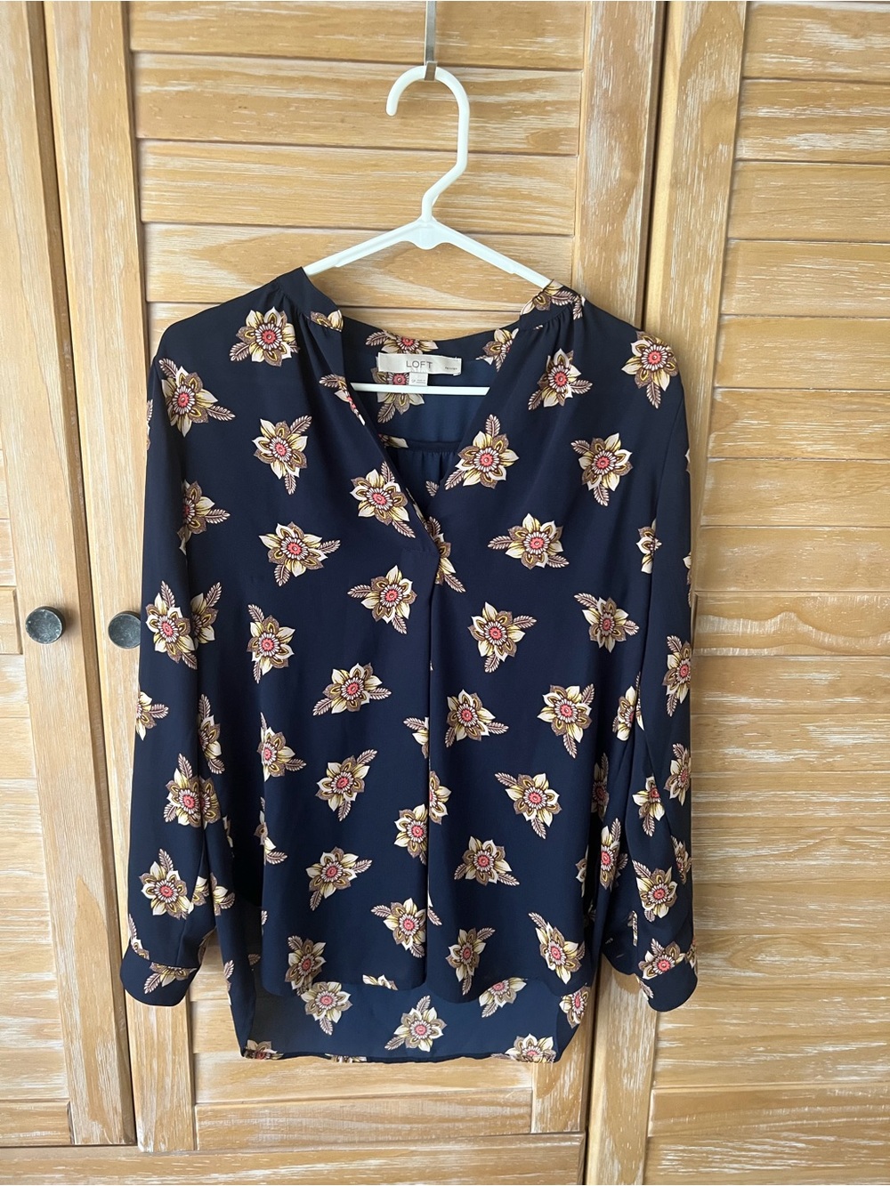 LOFT Navy Floral V-Neck Long-Sleeve Blouse with Cream and Pink Accents